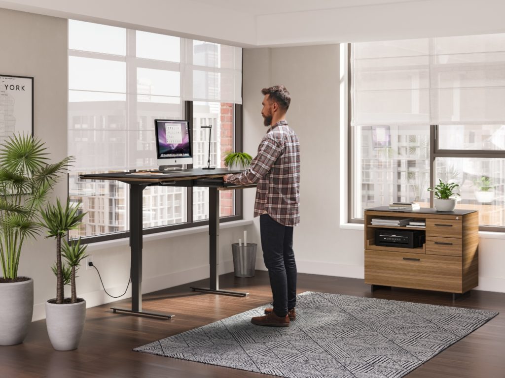 bright office with standing desk and file cabinet