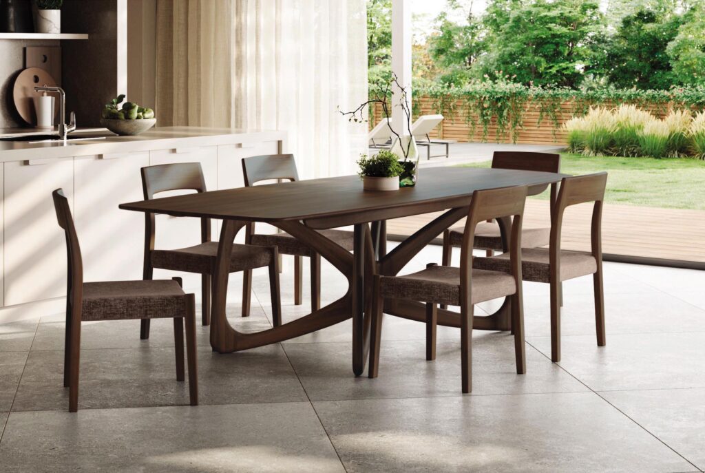 Dining room with big windows and morning light